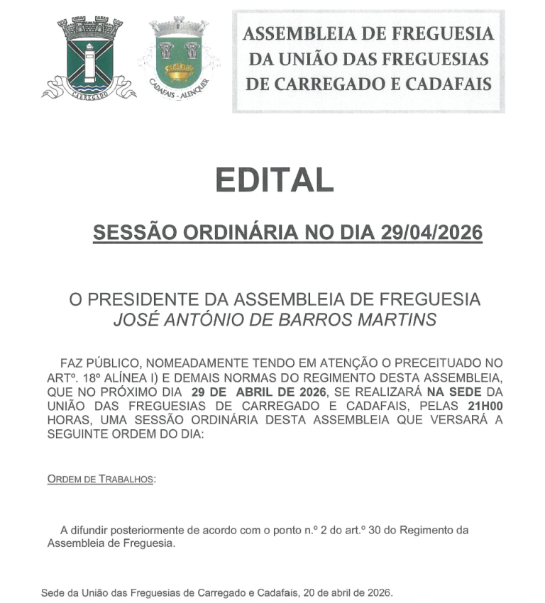 Sessão Ordinária no dia 29 de Abril